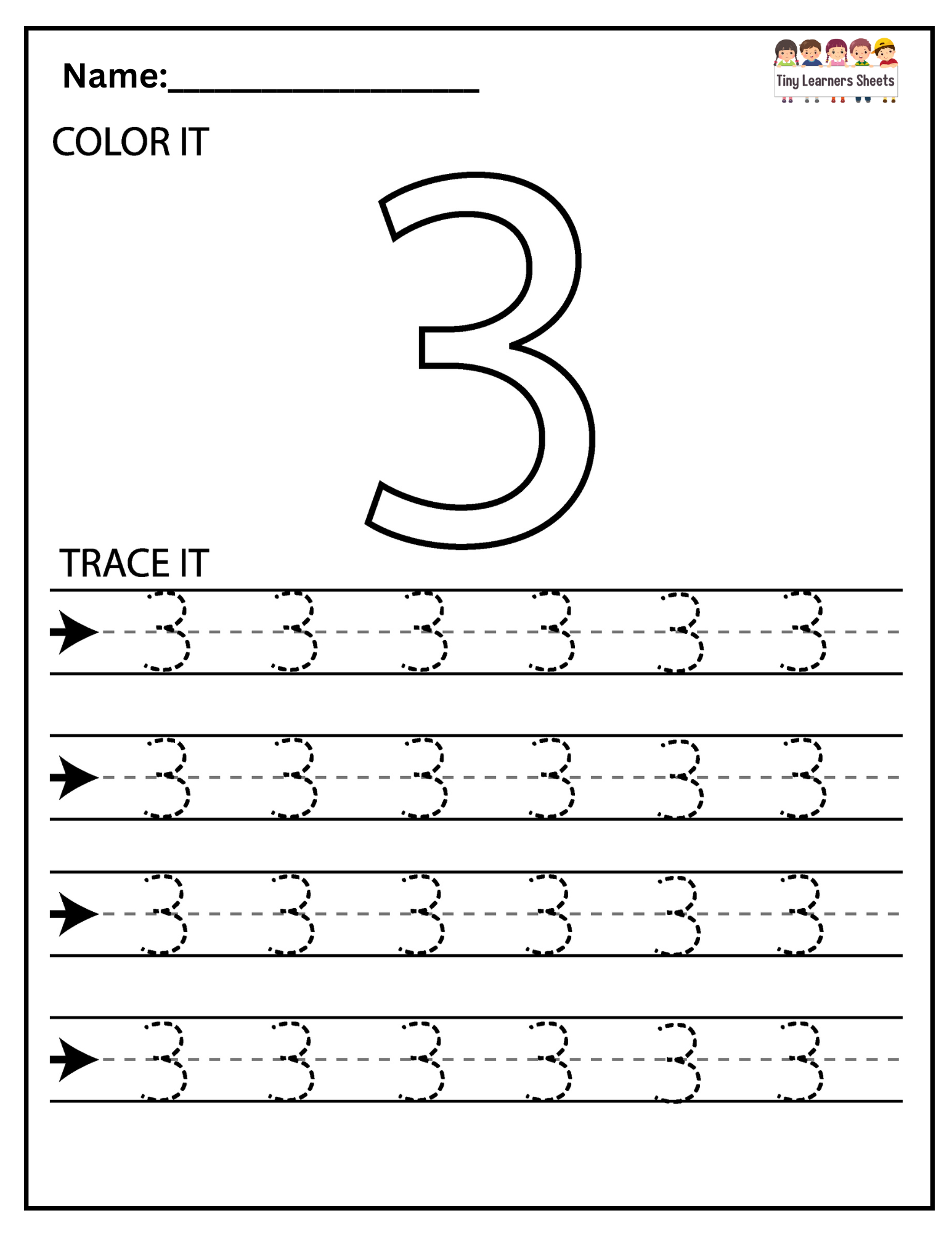 Number Three Tracing Worksheet